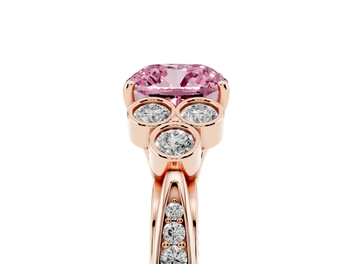 Fancy Pink Cushion Cut Cut Diamond Engagement Ring with Bezel Set Round Side Stones and Prong Setting Rose gold