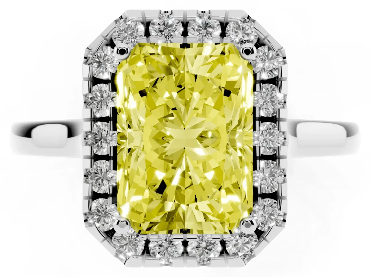 Fancy Yellow Radiant Cut Halo Round Diamond Solitaire Ring with Pavé Band and Four-Prong Setting Silver