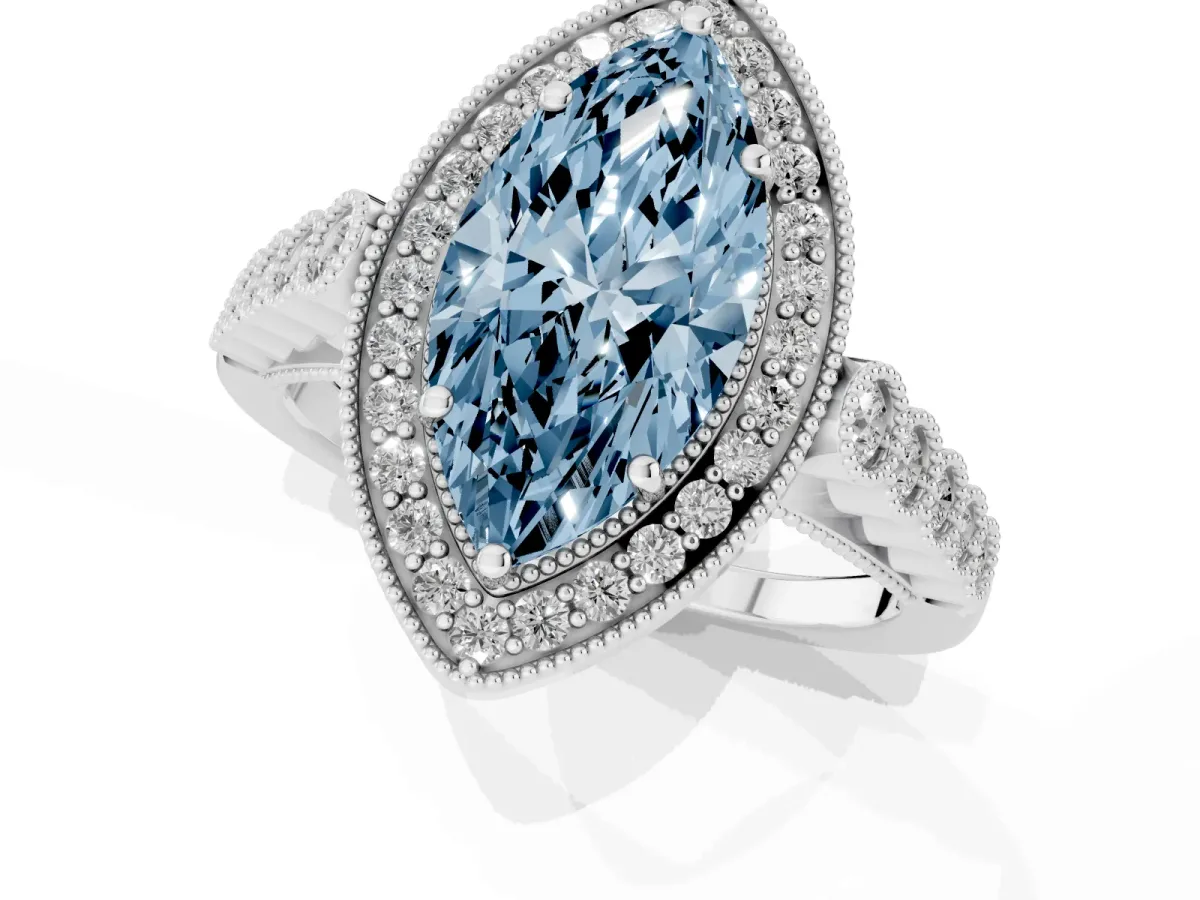 Fancy Blue Marquise Cut Halo Milgrain Solitaire with Bezel Set Side Stones and Pave Band Silver