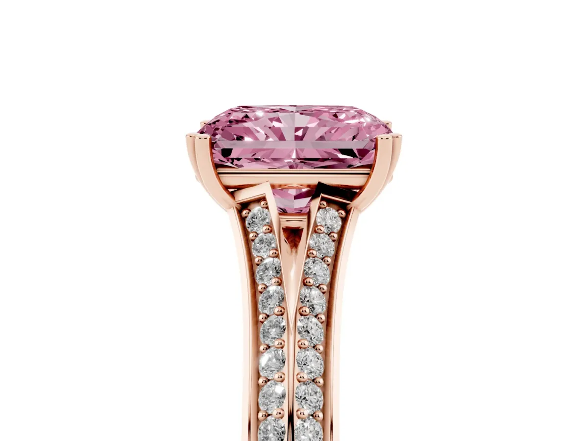 Fancy Pink Radiant Cut Diamond Split Shank Engagement Ring with Pavé Band Rose gold