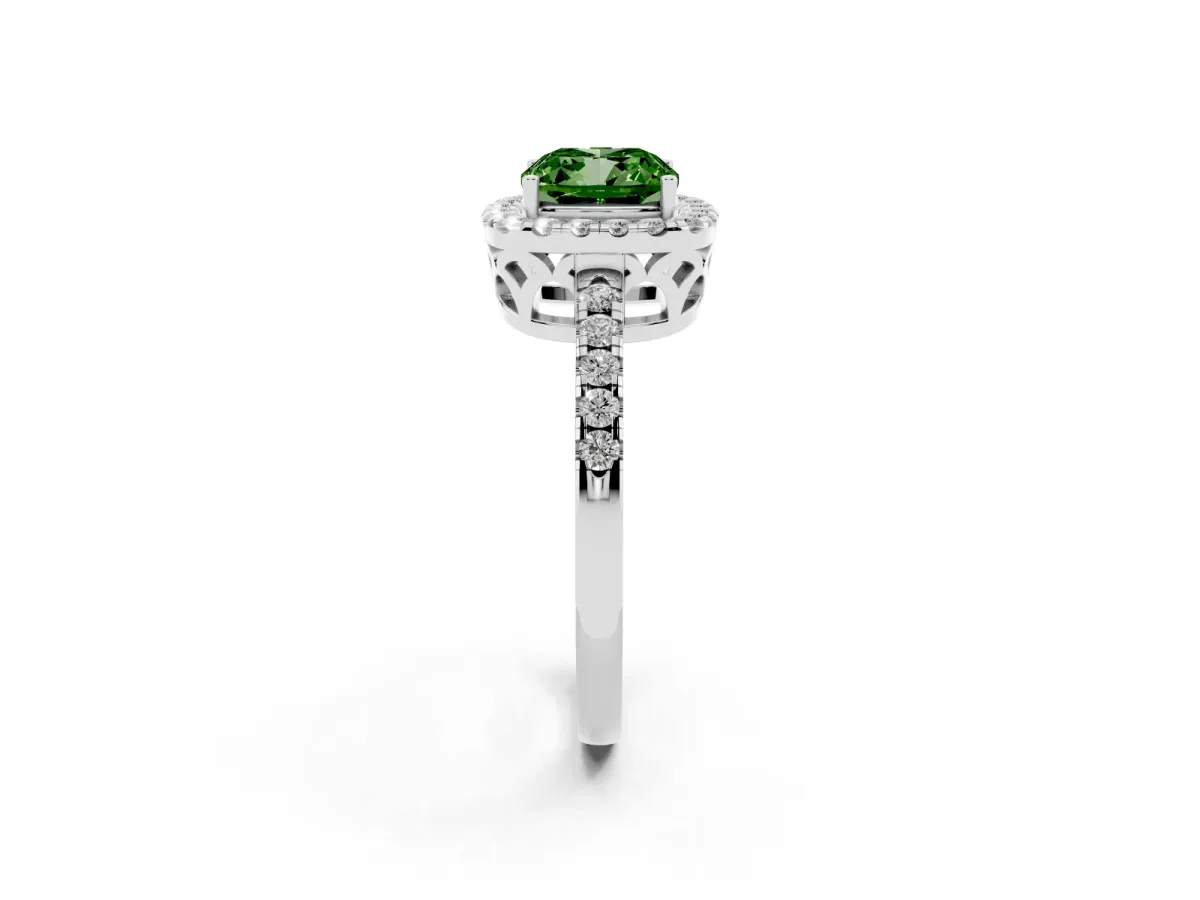 Fancy Green Cushion Cut Halo Diamond Engagement Ring with Pavé Band and Four-Prong Setting Platinum