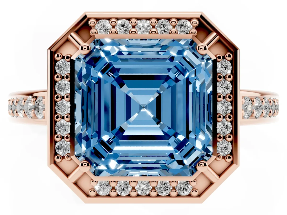 Fancy Blue Asscher Cut Cut Halo Pave Split Shank Prong Setting Ring Rose gold