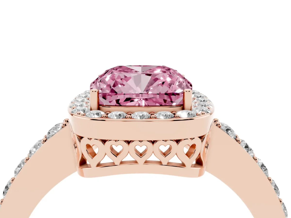 Fancy Pink Cushion Cut Halo Diamond Pavé Band Ring with Prong Setting Rose gold
