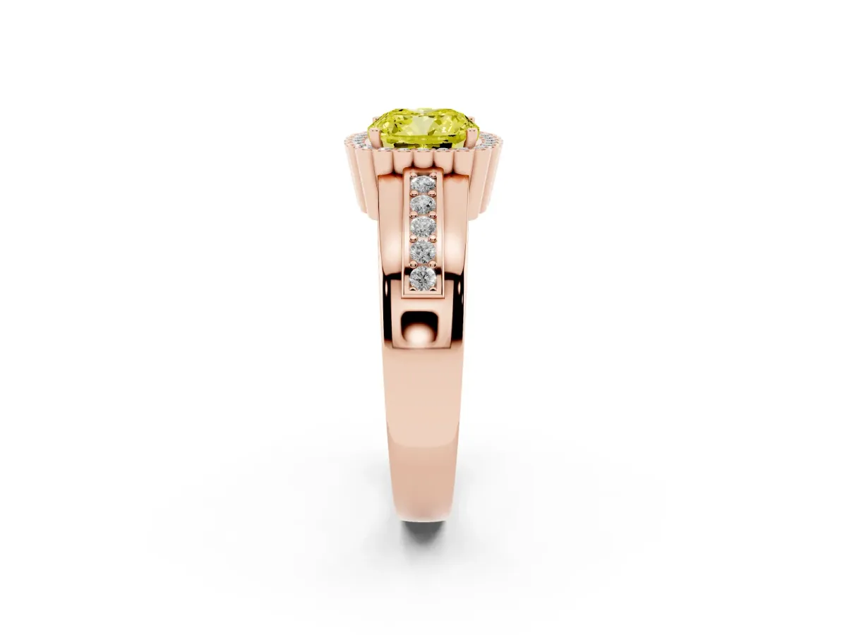 Fancy Yellow Cushion Cut Cut Halo Pave Band Four-Prong Ring Rose gold