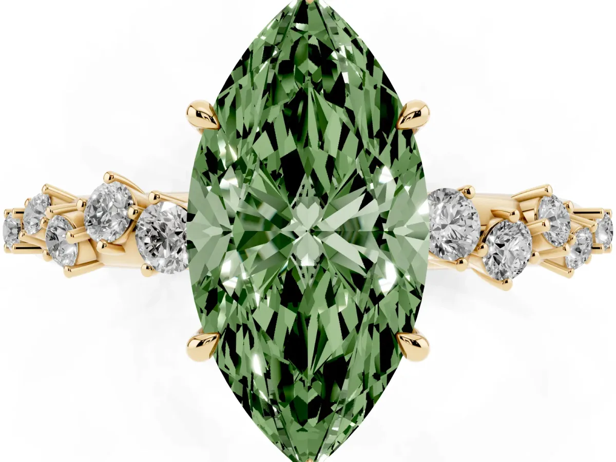 Fancy Green Marquise Cut Diamond Cluster Side Stone Solitaire Ring with Prong Setting Yellow gold