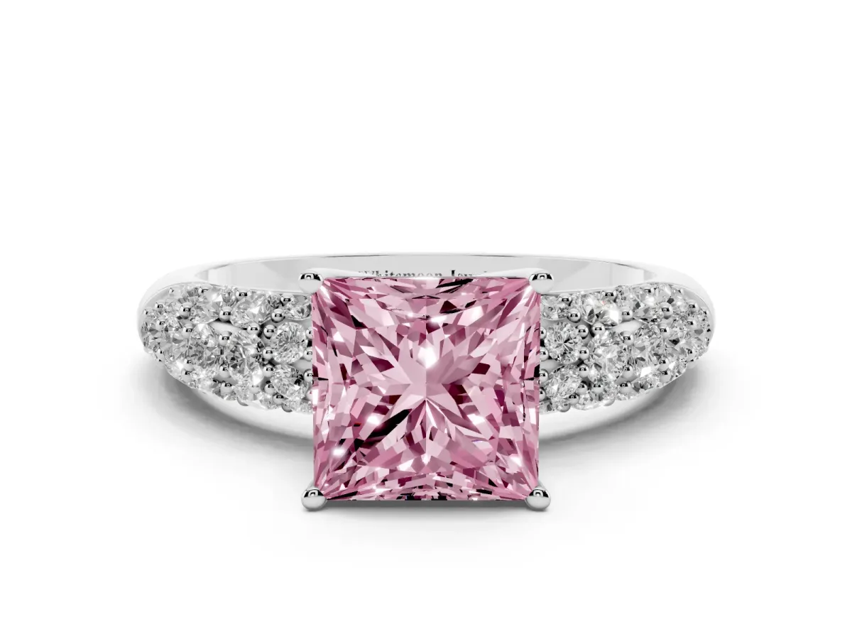 Fancy Pink Princess Cut Diamond Pavé Band Solitaire Ring with Four-Prong Setting Silver