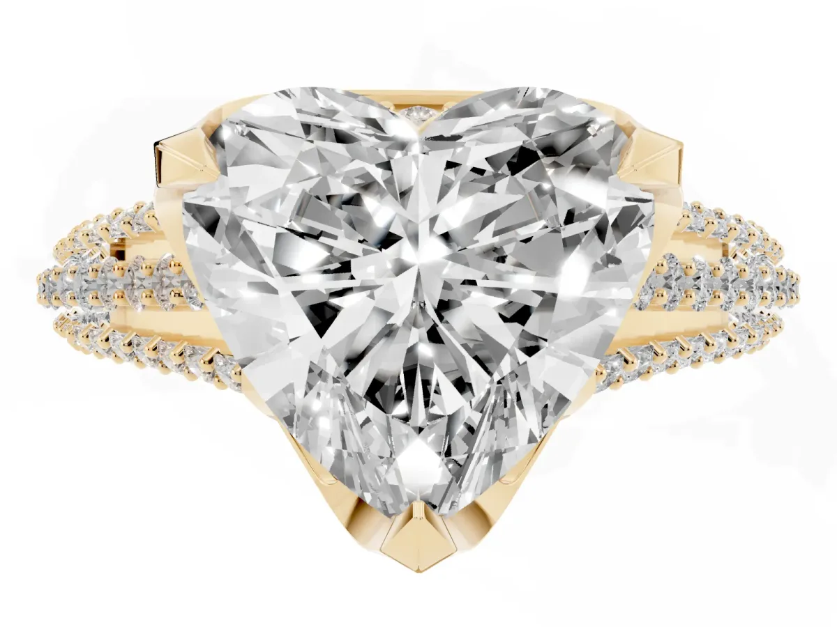 Heart Cut Solitaire Pave Split Shank Ring with Four-Prong Setting Yellow gold