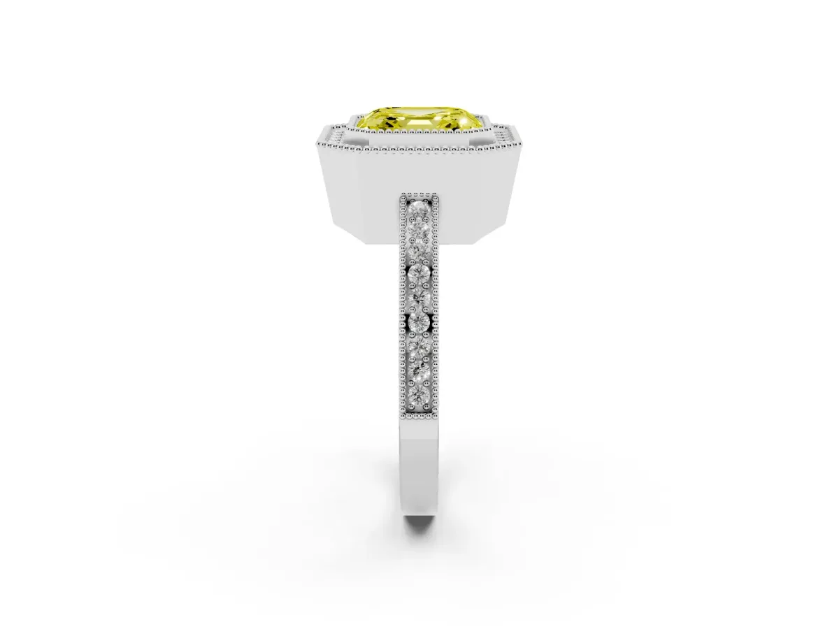 Fancy Yellow Asscher Cut Cut Halo Diamond Ring with Pavé Band and Milgrain Prong Setting Silver