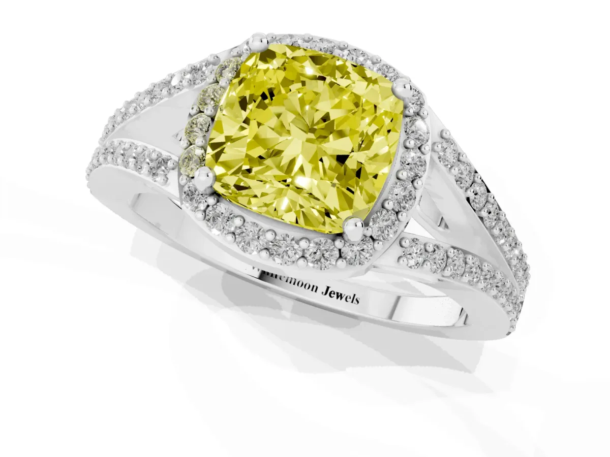 Fancy Yellow Cushion Cut Halo Split Shank Diamond Ring with Prong Setting Silver