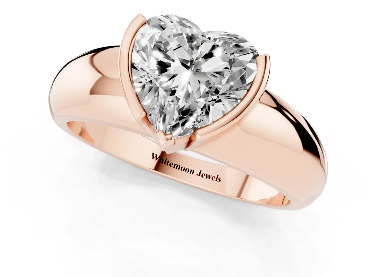 Heart Cut Solitaire Tension Set Diamond Ring with Wide Band Rose gold