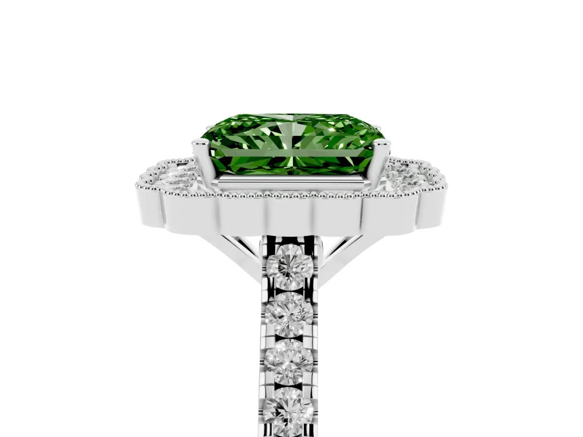 Fancy Green Radiant Cut Cut Diamond Milgrain Floral Halo Engagement Ring with Pavé Band Silver