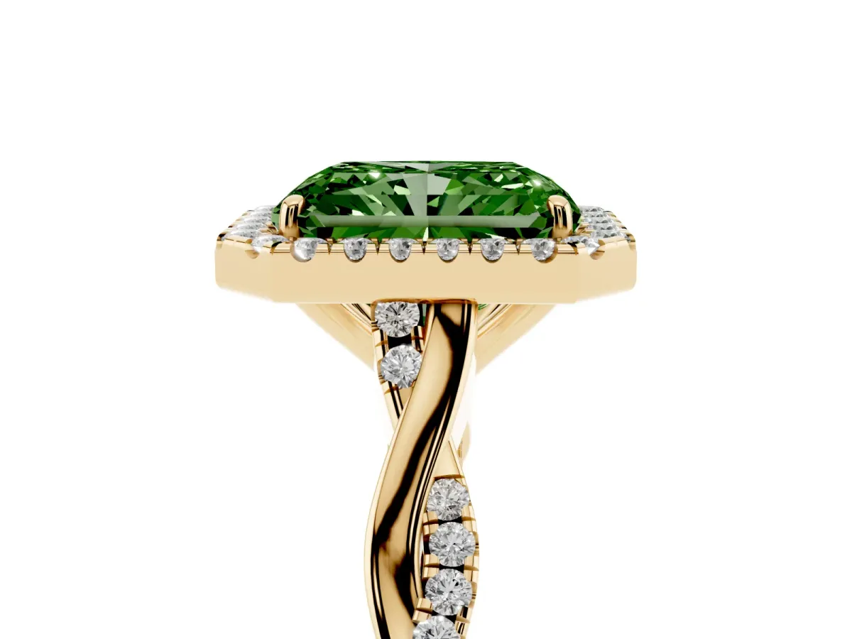 Fancy Green Radiant Cut Halo Twist Band Solitaire Ring Yellow gold