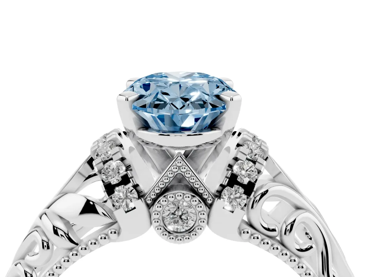 Fancy Blue Oval Cut Solitaire Filigree Engagement Ring with Halo and Prong Setting Silver