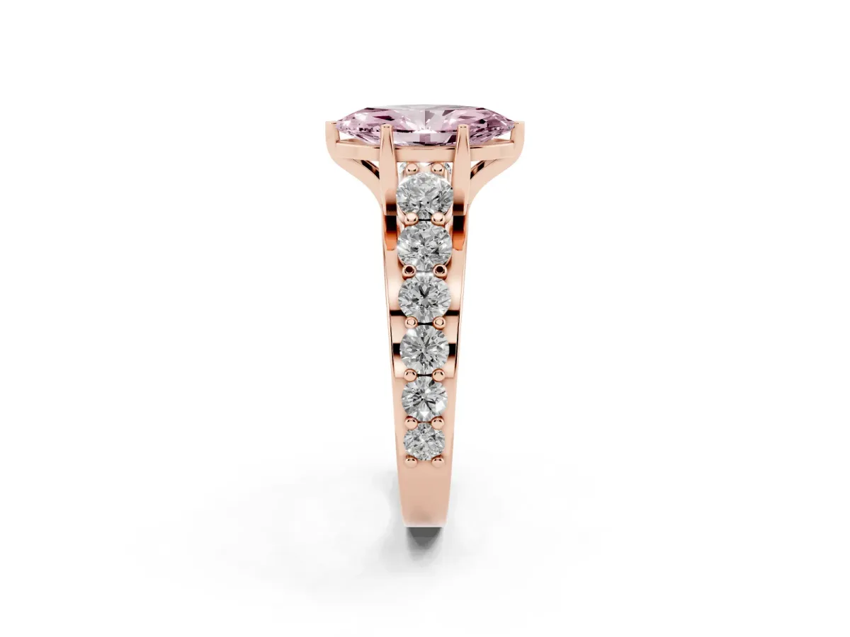 Fancy Pink Marquise Cut Diamond Engagement Ring with Pavé Band and Four-Prong Setting Rose gold