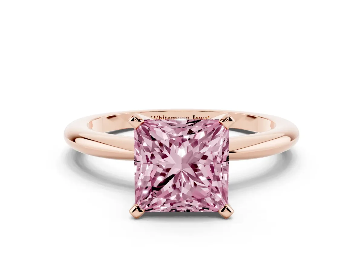 Fancy Pink Princess Cut Diamond Solitaire Ring with Prong Setting and Classic Band Rose gold