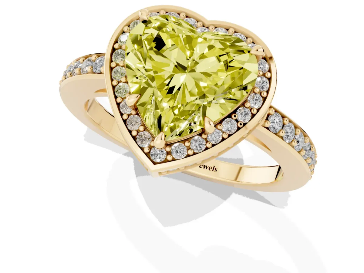 Fancy Yellow Heart Cut Halo Pave Band Solitaire Ring with Prong Setting Yellow gold