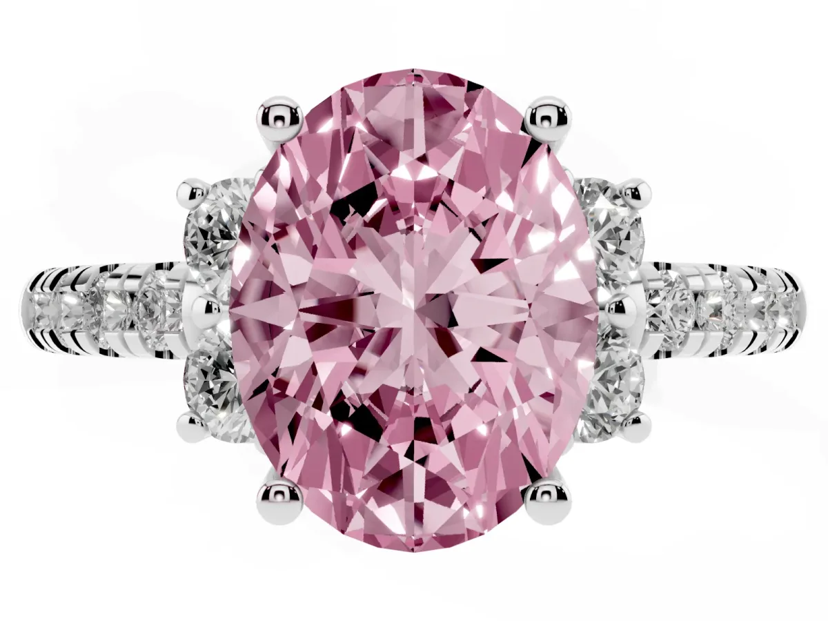 Fancy Pink Oval Cut Diamond Three-Stone Pave Band with Four-Prong Setting Silver