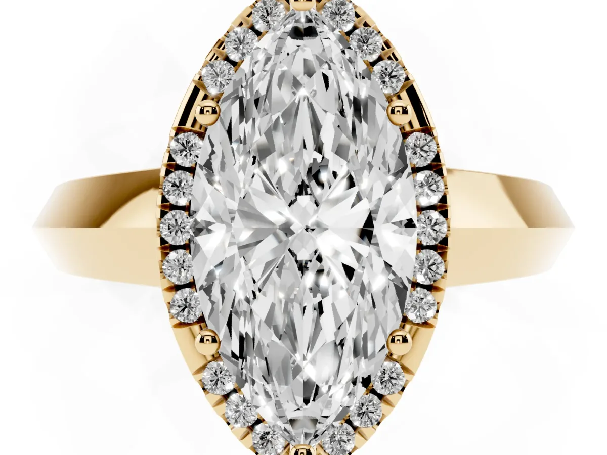 Marquise Cut Halo Diamond Ring with Cathedral Band and Four-Prong Setting Yellow gold
