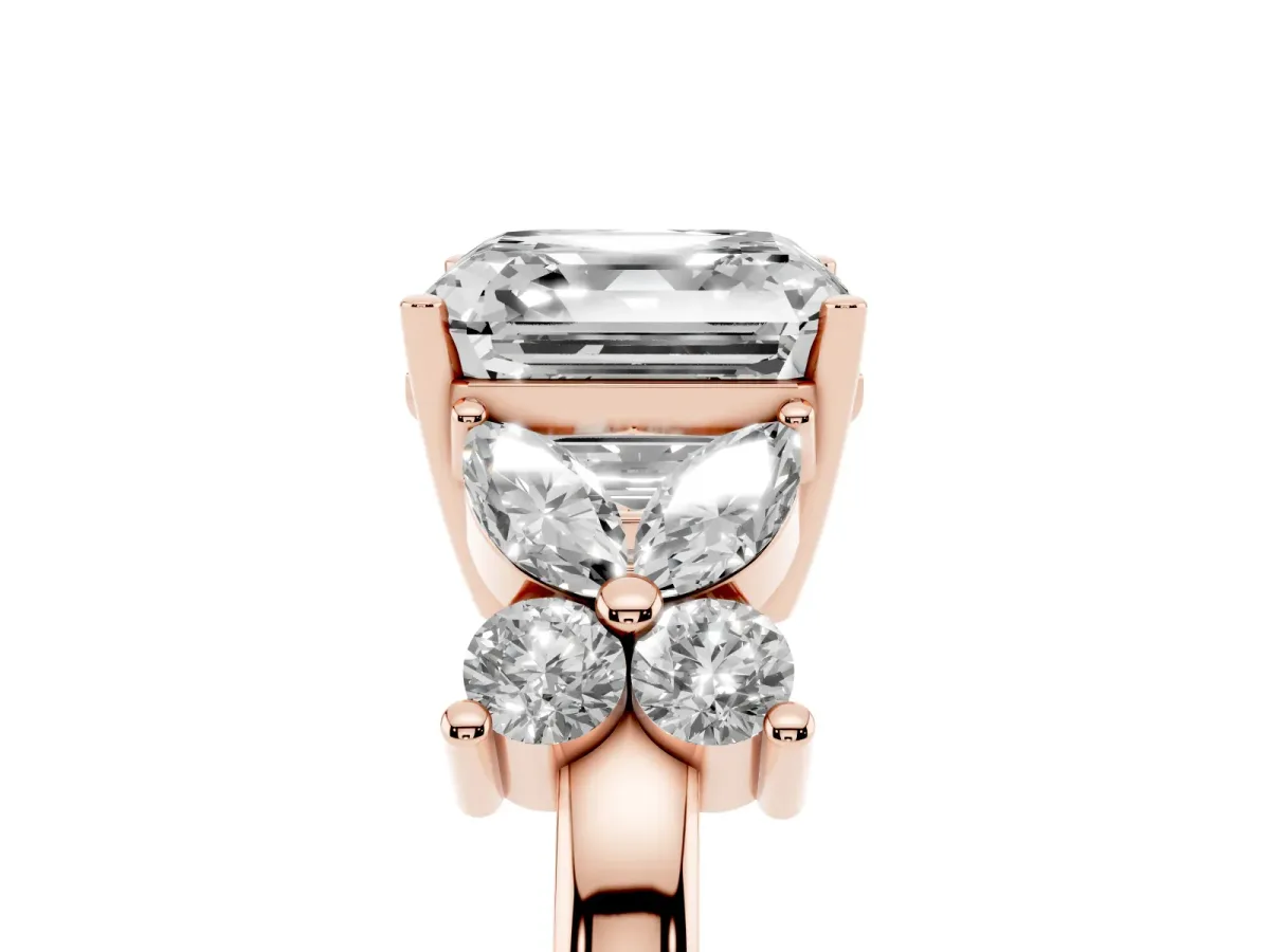 Asscher Cut Diamond Floral Cluster Ring with Solitaire Band and Prong Setting Rose gold