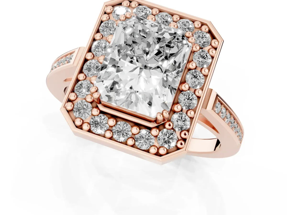 Radiant Cut Diamond Halo Ring with Split Shank and Four-Prong Setting Rose gold