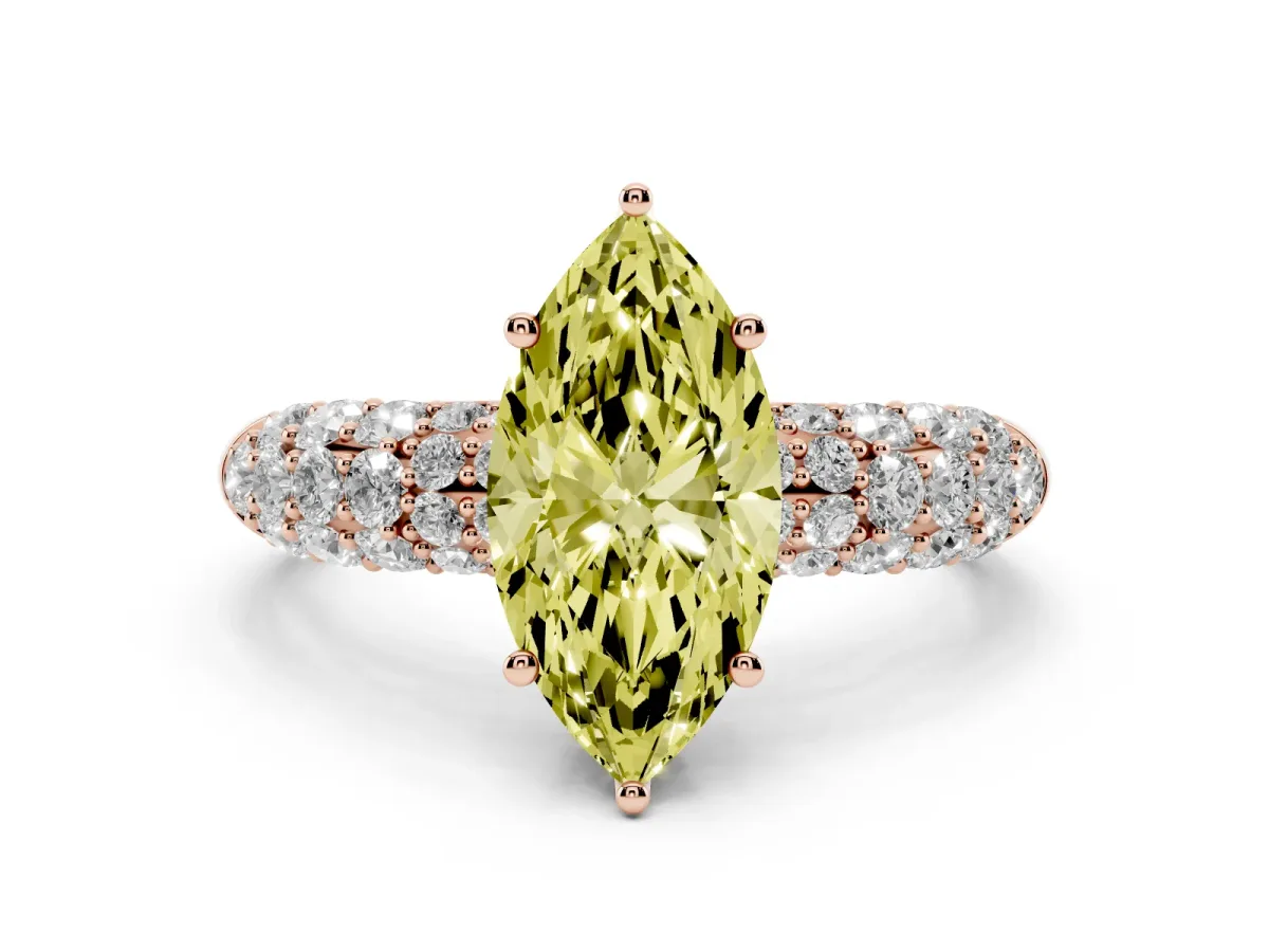 Fancy Yellow Marquise Cut Diamond Pavé Band Solitaire Ring with Four-Prong Setting Rose gold