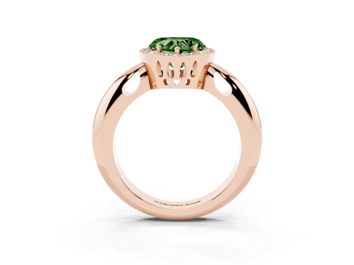 Fancy Green Heart Cut Cut Diamond Halo Engagement Ring with Split Shank and Four-Prong Setting Rose gold