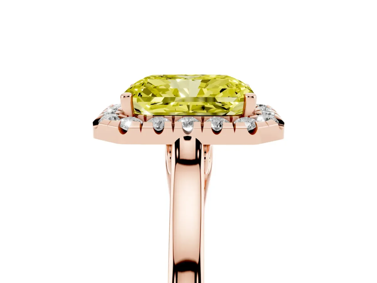 Fancy Yellow Radiant Cut Halo Round Diamond Solitaire Ring with Pavé Band and Four-Prong Setting Rose gold