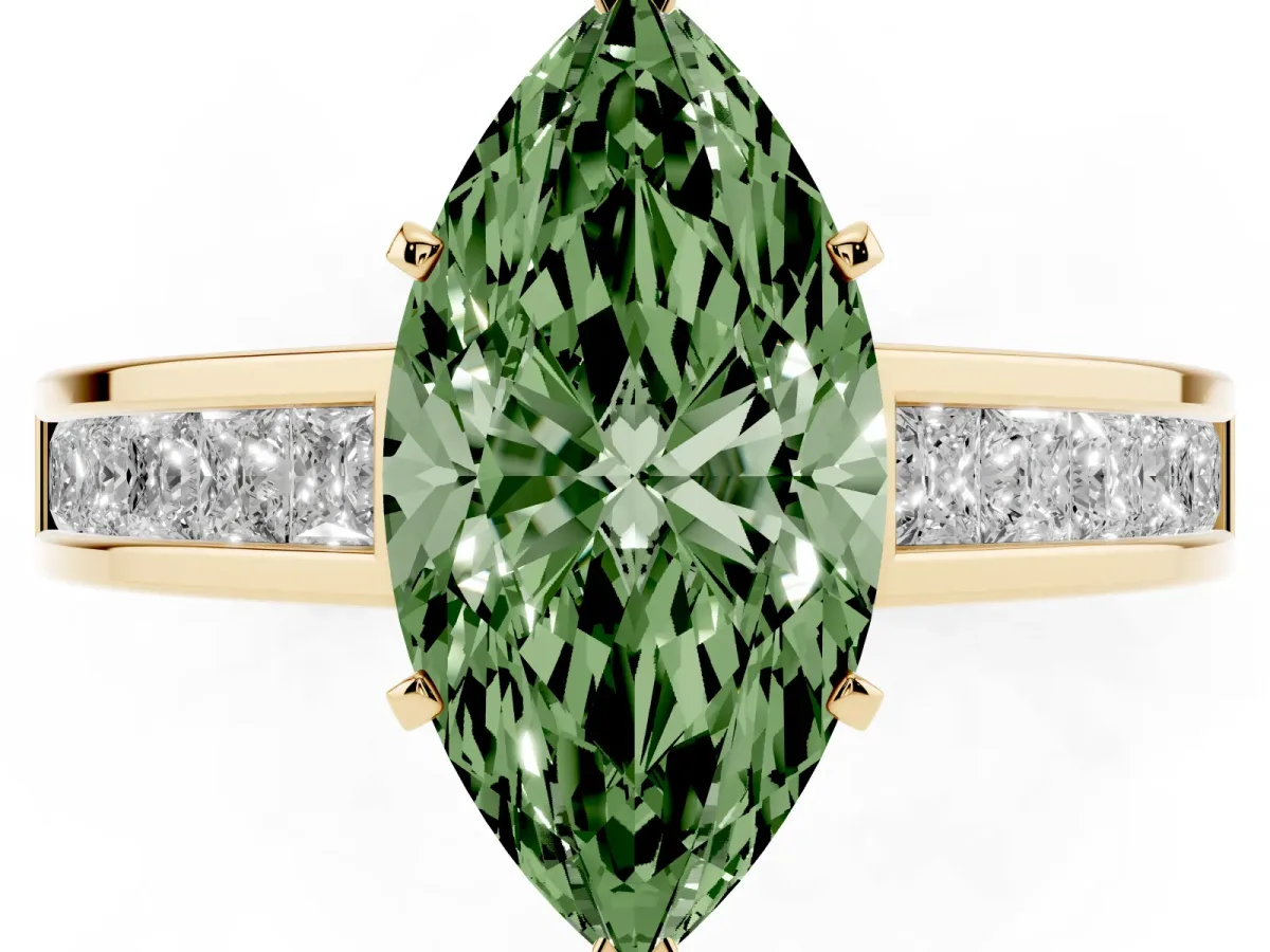 Fancy Green Marquise Cut Solitaire Diamond Ring with Channel-Set Band and Four-Prong Setting Yellow gold