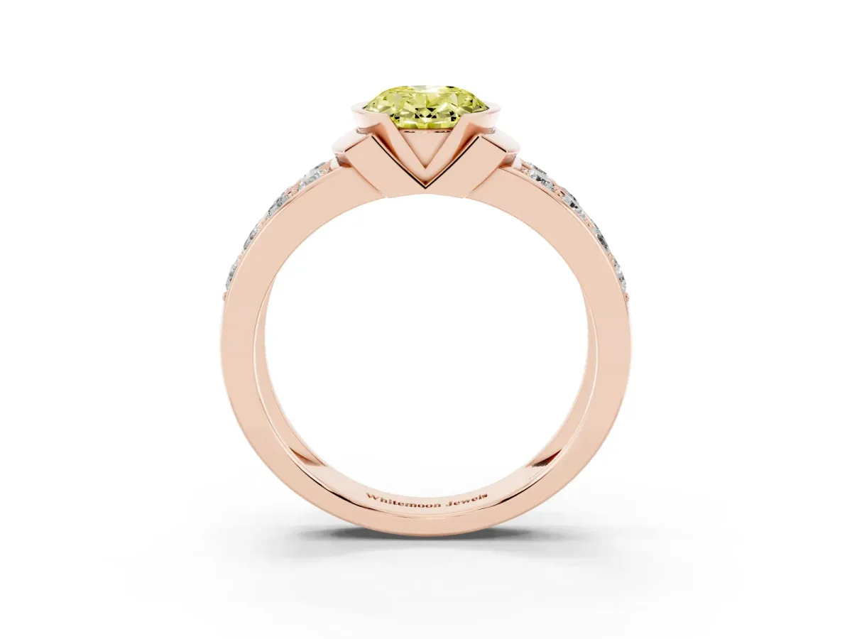 Fancy Yellow Oval Cut Brilliant Diamond Channel Set Wide Band Ring with Bezel Setting Rose gold