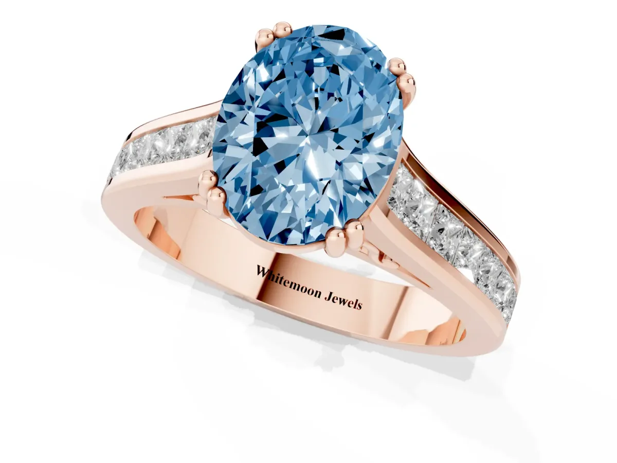 Fancy Blue Oval Cut Cut Channel Set Solitaire Engagement Ring with Prong Setting Rose gold