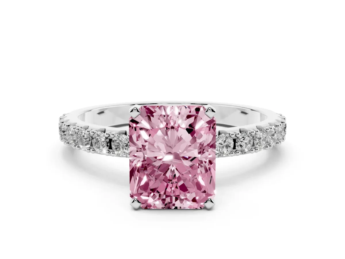 Fancy Pink Radiant Cut Diamond Solitaire Pavé Band with Four-Prong Setting Silver