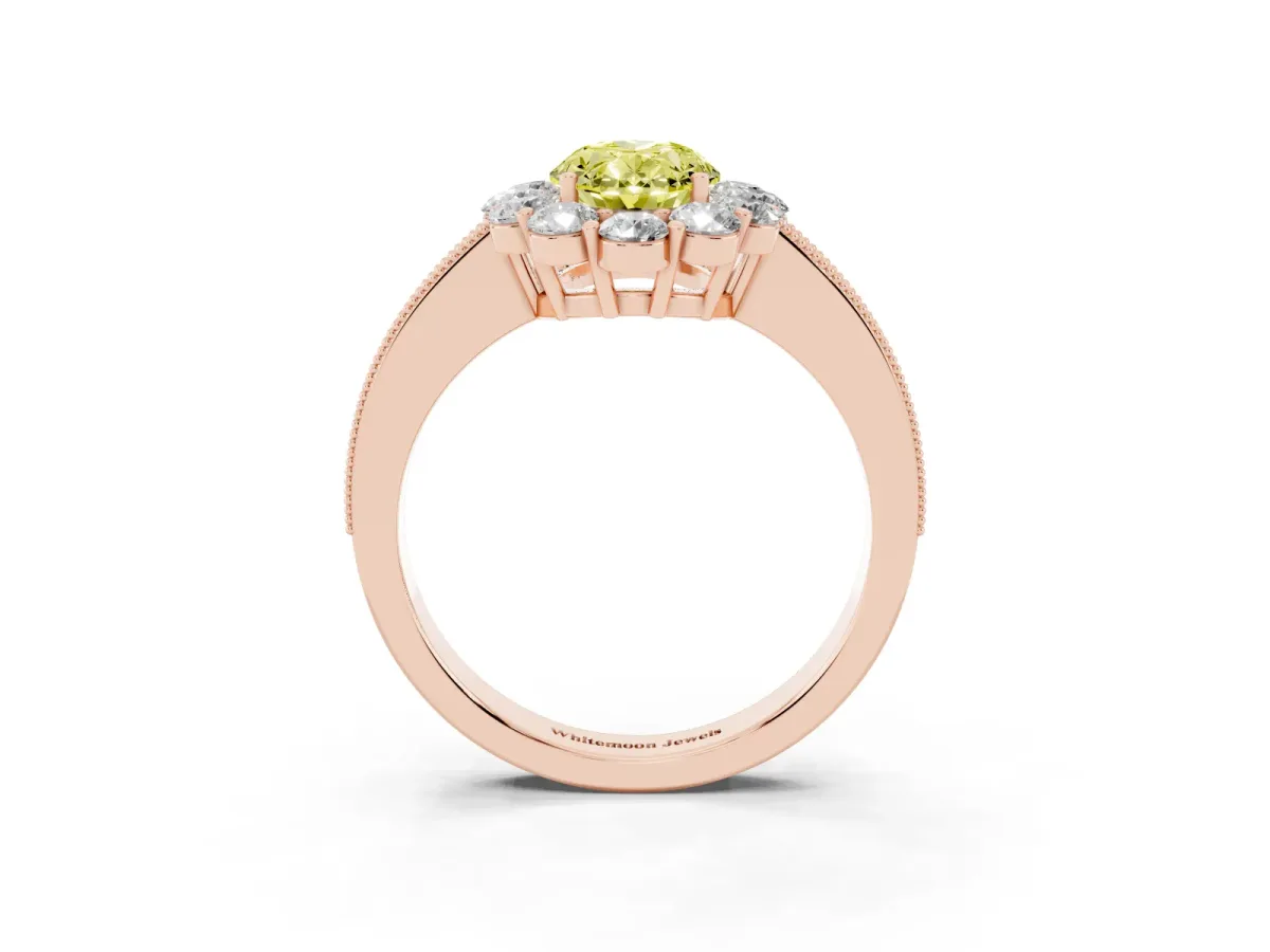 Fancy Yellow Oval Cut Cut Halo Diamond Pavé Engagement Ring with Milgrain Detailing Rose gold