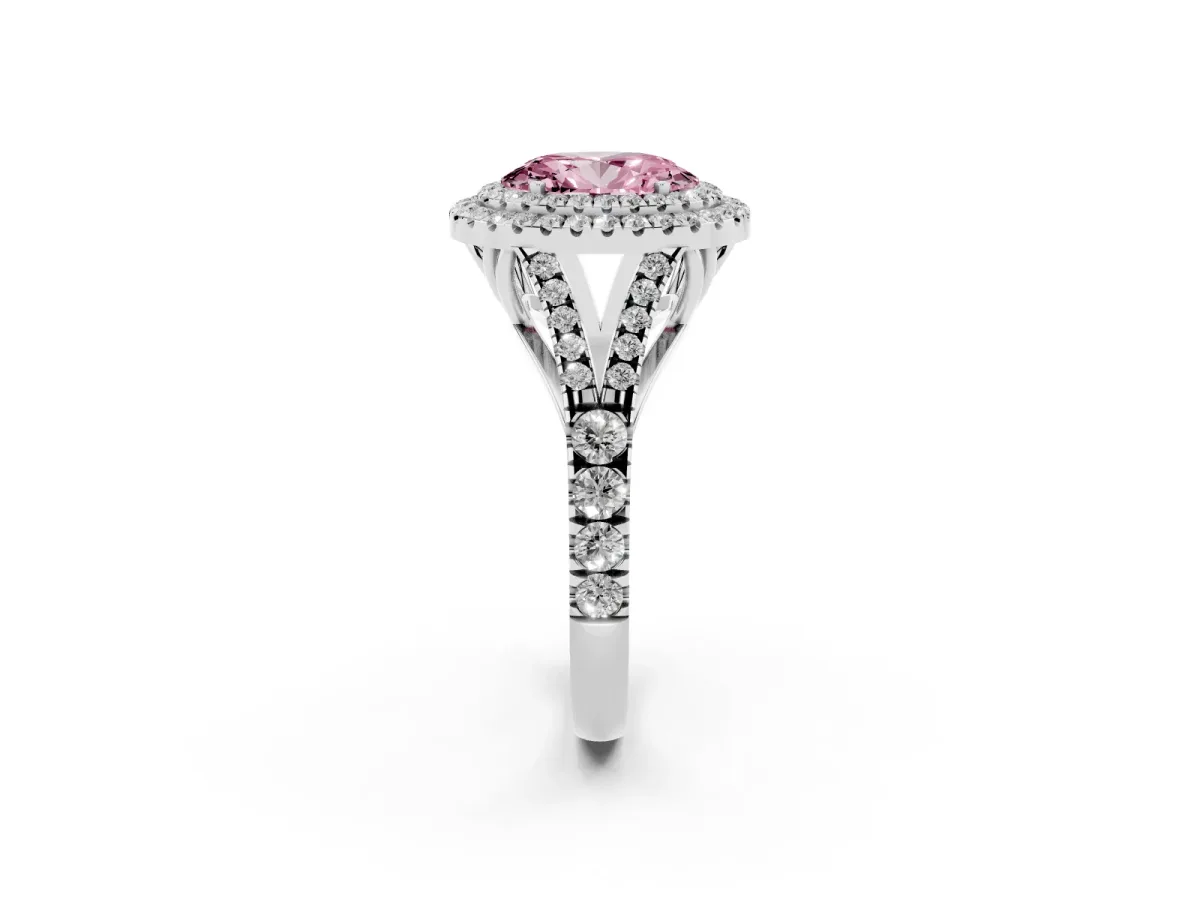 Fancy Pink Oval Cut Diamond Pavé Split Shank Double Halo Engagement Ring Silver