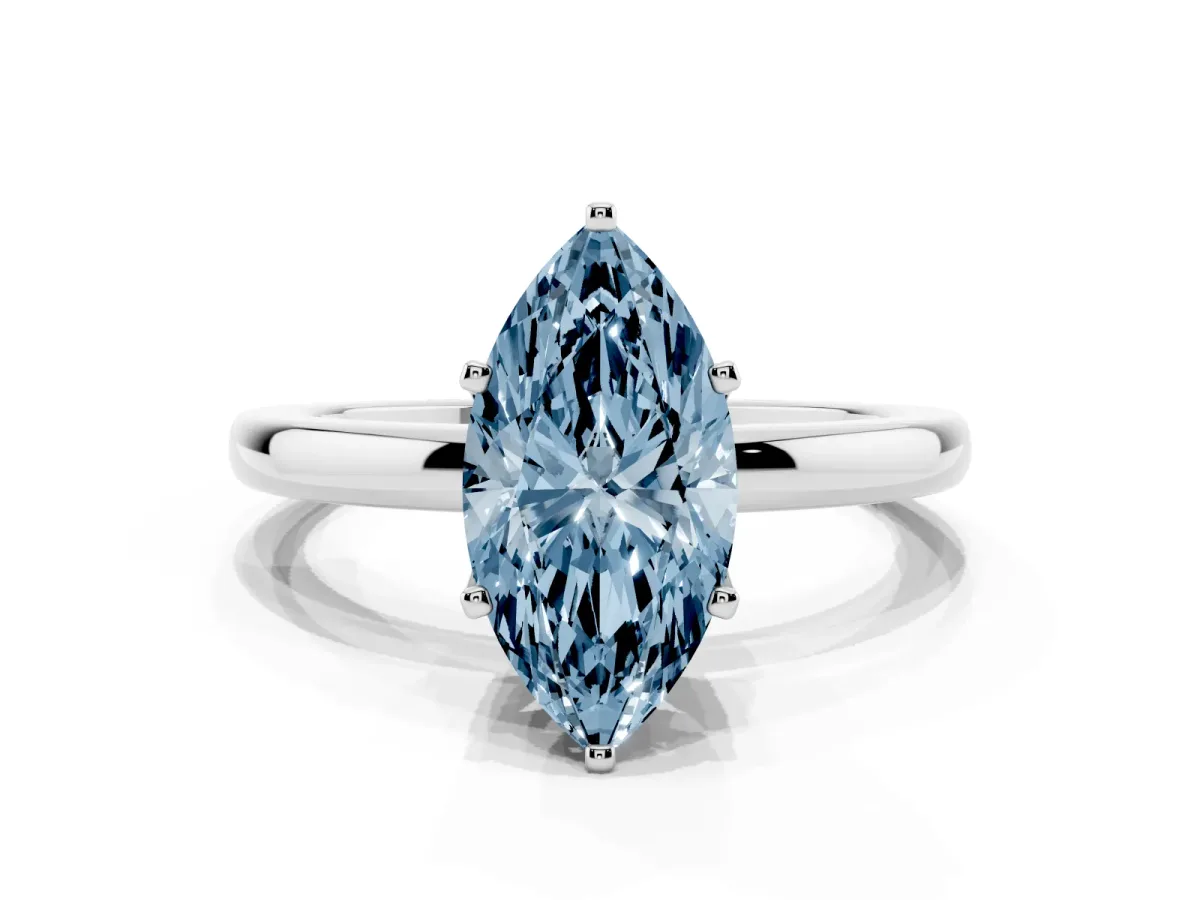 Fancy Blue Marquise Cut Solitaire Diamond Ring with Six-Prong Setting on a Classic Band Silver