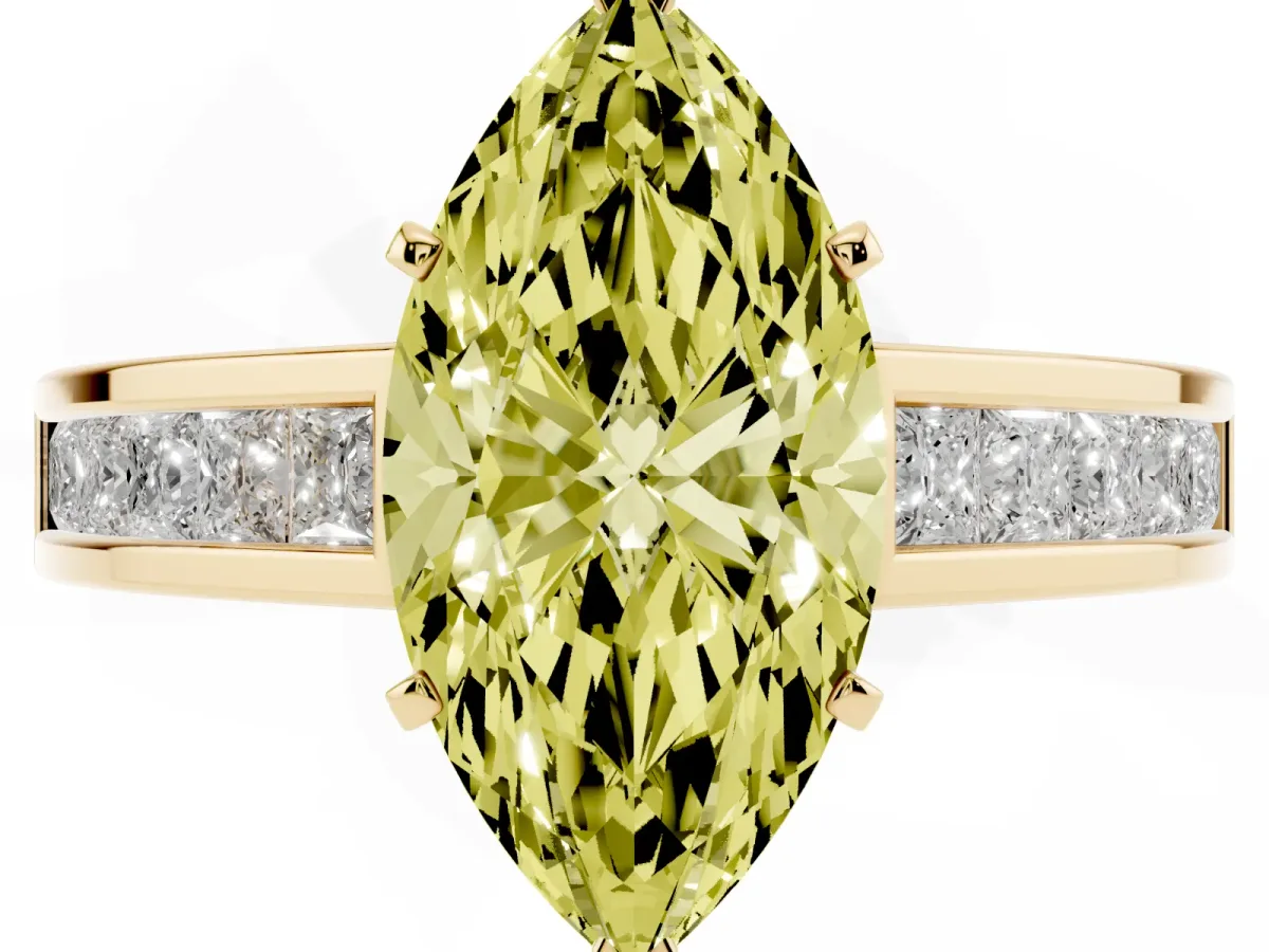 Fancy Yellow Marquise Cut Solitaire Diamond Ring with Channel-Set Band and Four-Prong Setting Yellow gold