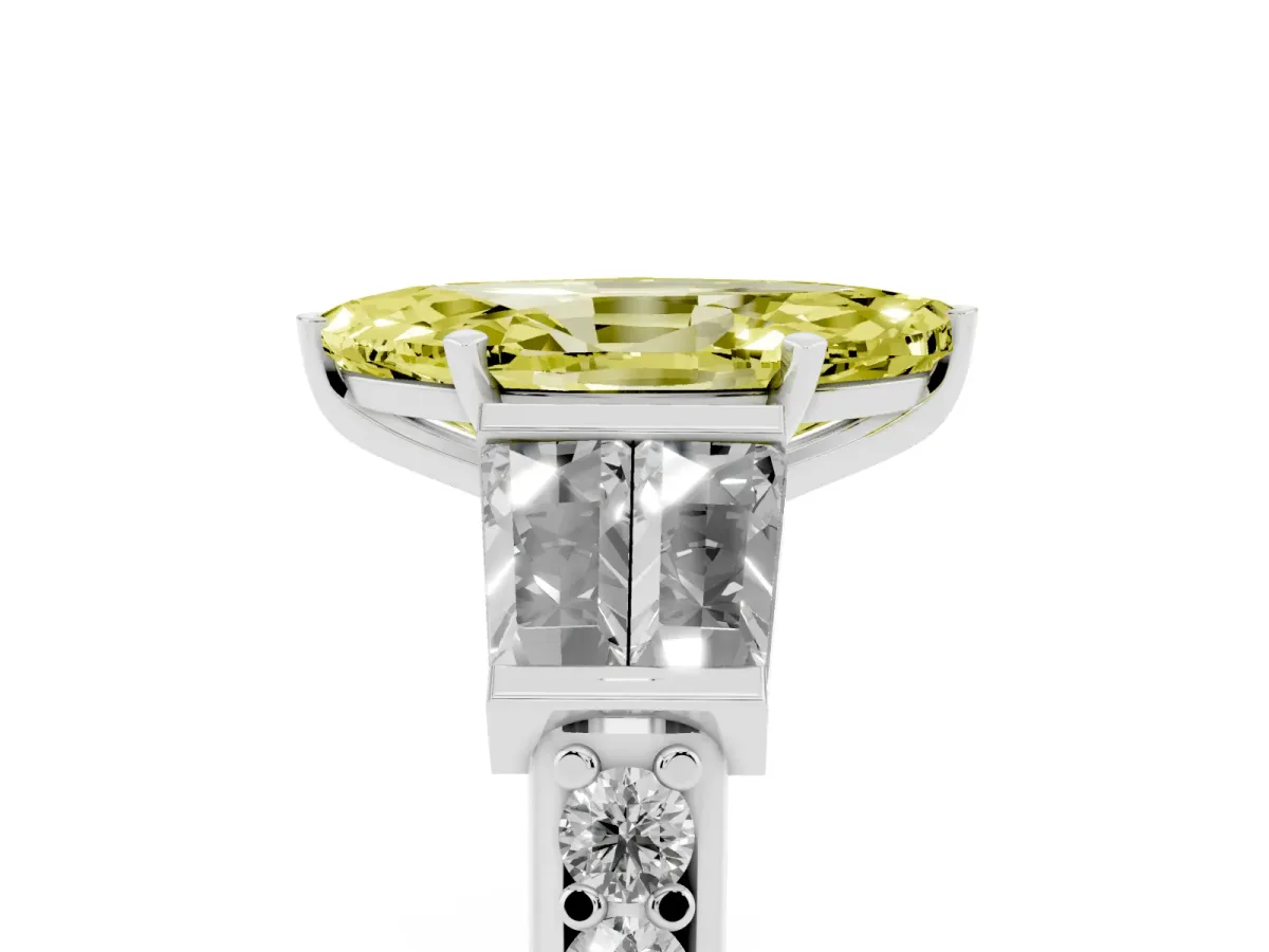 Fancy Yellow Marquise Cut Diamond Engagement Ring with Baguette Side Stones and Channel Set Band Silver