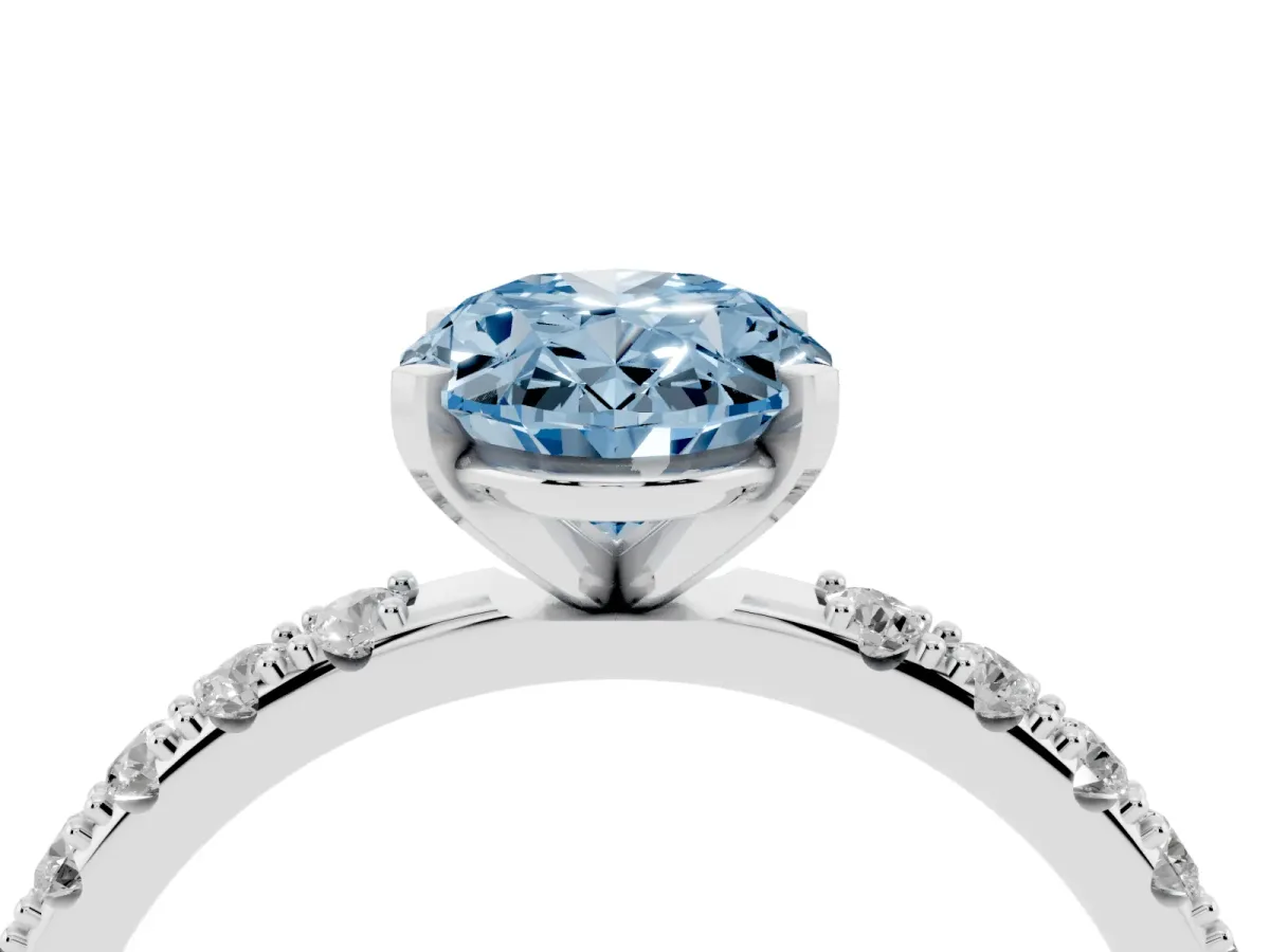 Fancy Blue Oval Cut Diamond Solitaire Pavé Band with Four-Prong Setting Silver