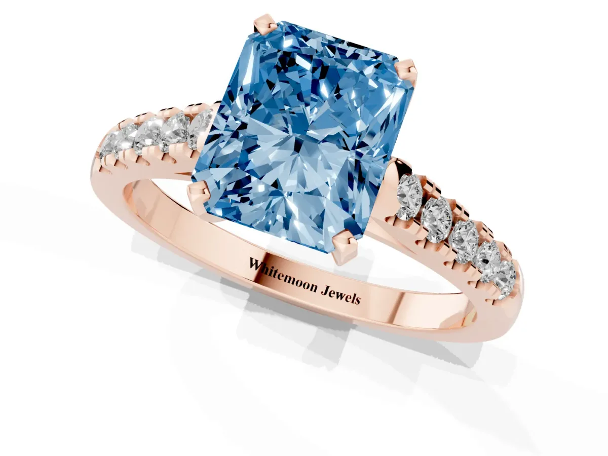 Fancy Blue Radiant Cut Diamond Pavé Band Solitaire Ring with Prong Setting Rose gold