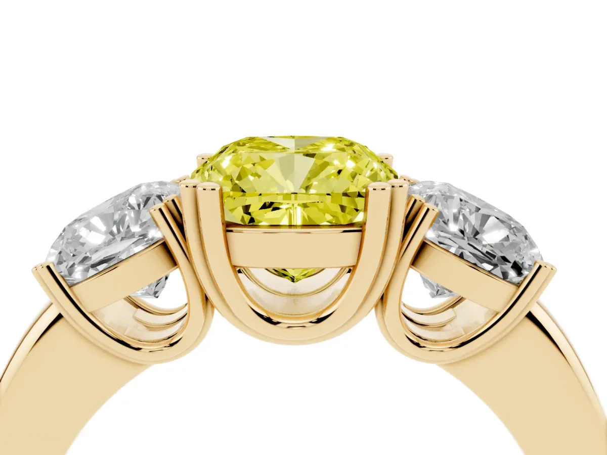 Fancy Yellow Three-Stone Cushion Cut Cut Diamond Ring with Channel Set Band and Four-Prong Setting Yellow gold