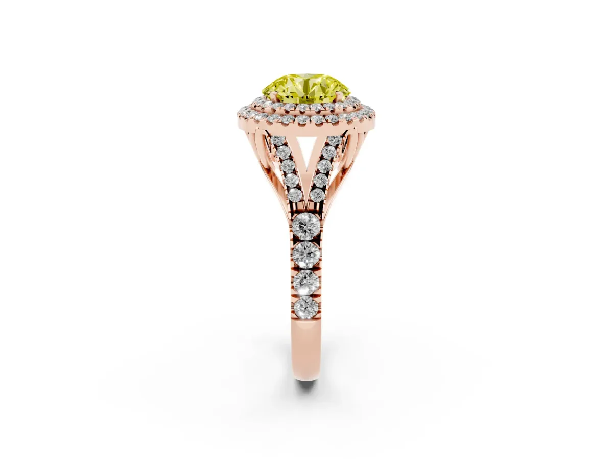 Fancy Yellow Round Cut Diamond Pavé Split Shank Double Halo Engagement Ring Rose gold
