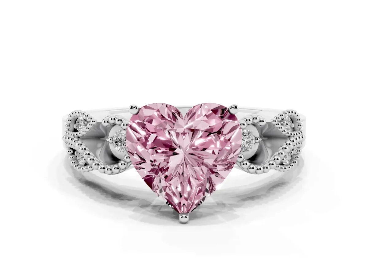 Fancy Pink Heart Cut Solitaire Milgrain Leaf Band with Prong Setting Silver