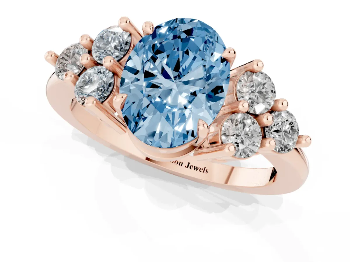Fancy Blue Oval Cut Brilliant Diamond Cluster Accent Solitaire Ring with Prong Setting Rose gold