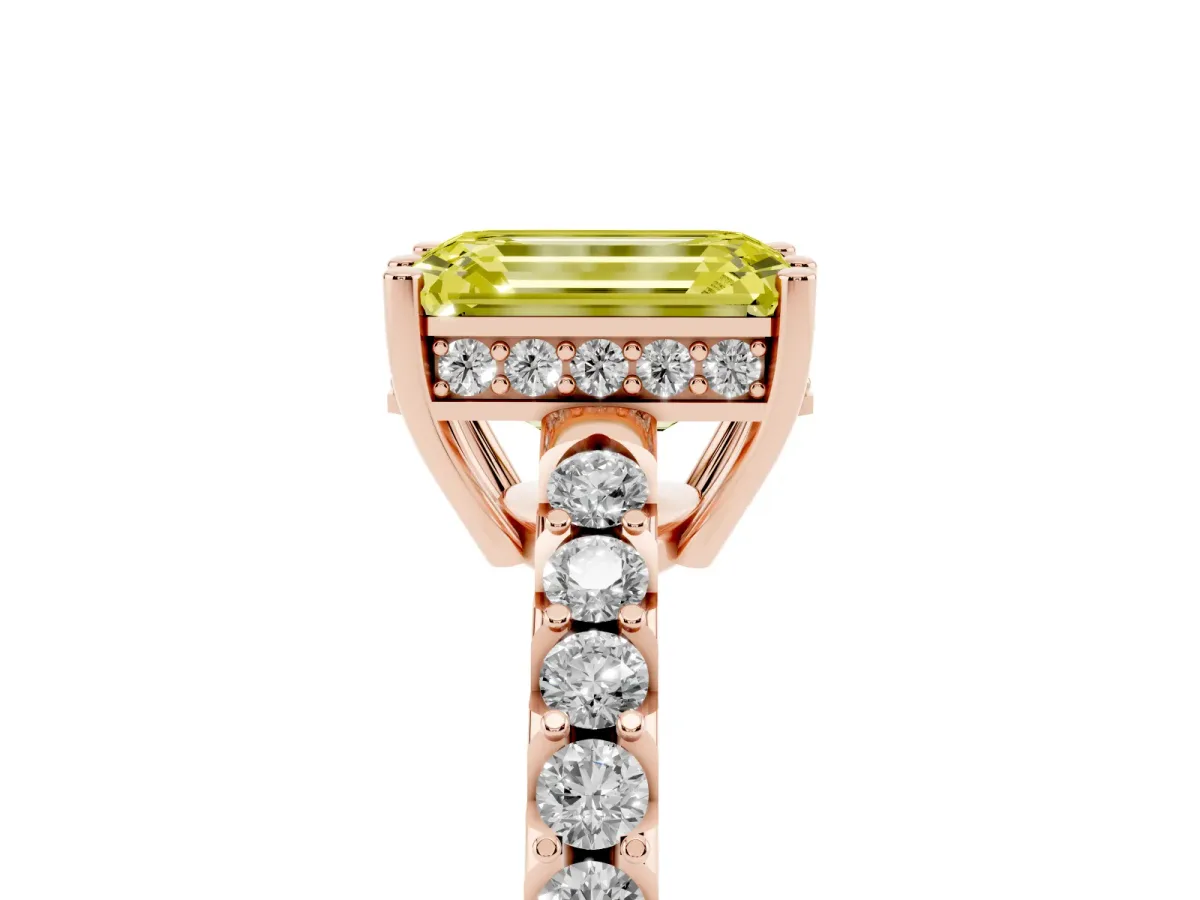Fancy Yellow Emerald Cut Solitaire Diamond Engagement Ring with Pavé Band and Six-Prong Setting Rose gold