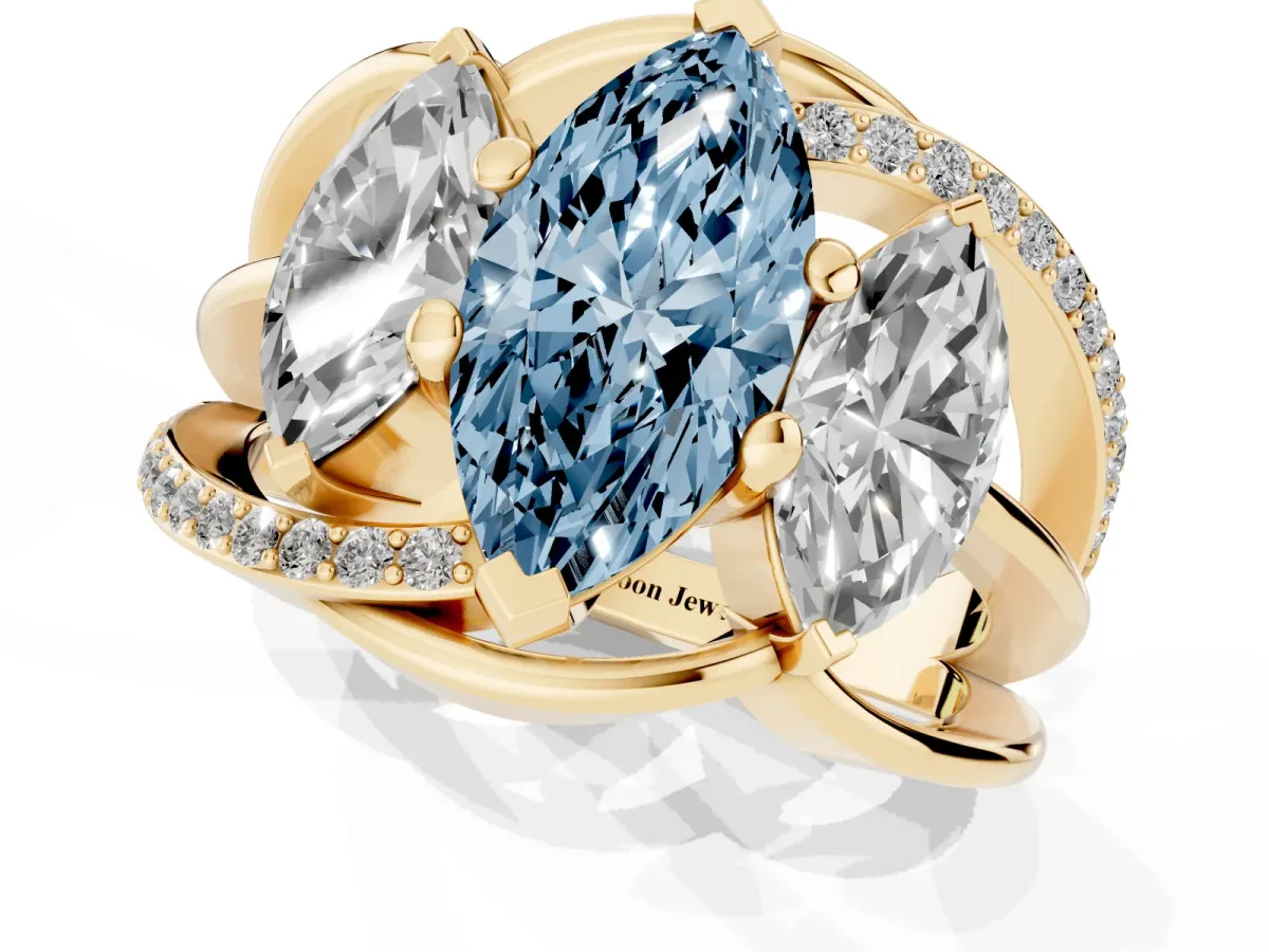 Fancy Blue Three-Stone Marquise Cut Cut Diamond Split Shank Prong Set Ring Yellow gold