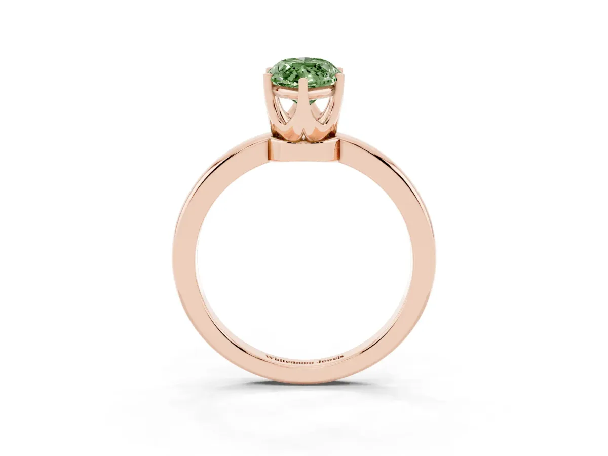 Fancy Green Marquise Cut Solitaire Diamond Ring with Six-Prong Setting on a Classic Band Rose gold