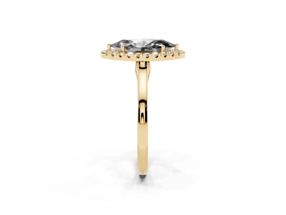 Fancy Black Marquise Cut Halo Round Diamond Solitaire Ring with Pavé Band and Four-Prong Setting Yellow gold