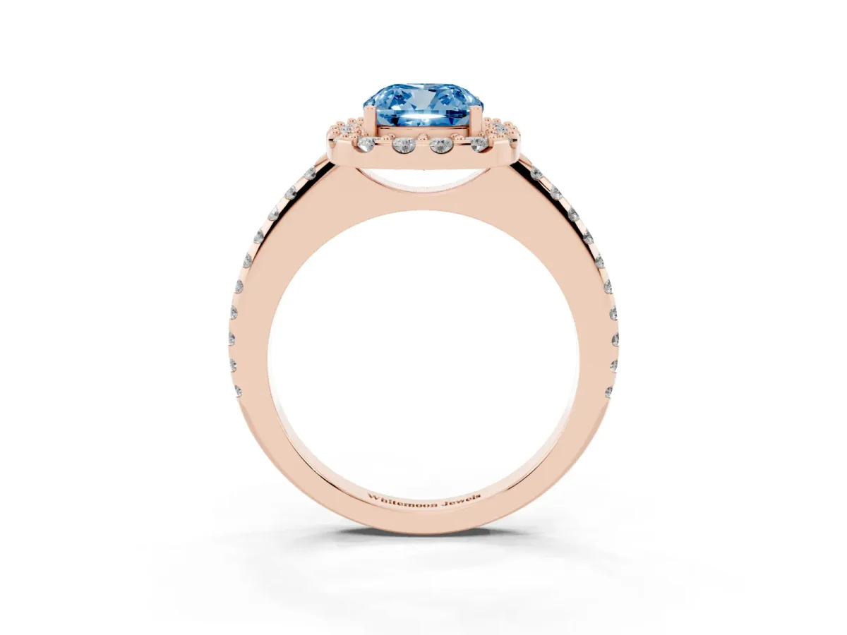 Fancy Blue Cushion Cut Diamond Pavé Halo Ring with Four-Prong Setting Rose gold