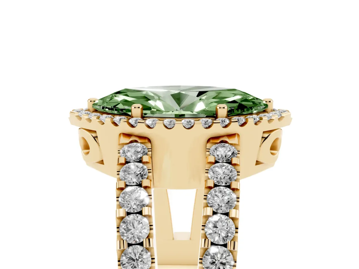 Fancy Green Marquise Cut Cut Halo Split Shank Diamond Ring with Four-Prong Setting Yellow gold