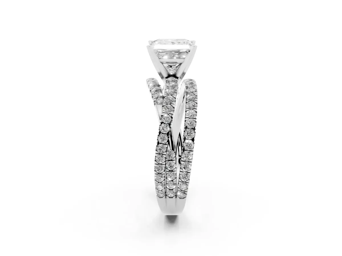 Princess Cut Solitaire Twist Band with Pavé Setting and Four-Prong Setting Silver