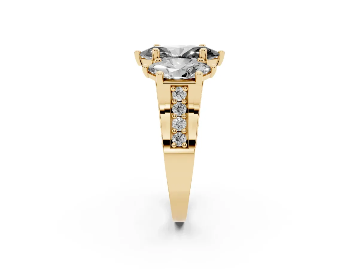 Fancy Black Marquise Cut Diamond Three-Stone Ring with Channel Set Band and Four-Prong Setting Yellow gold